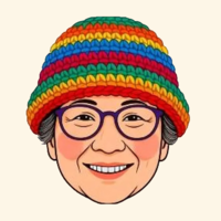 Cartoon of Sunshine in a rainbow crocheted bucket hat